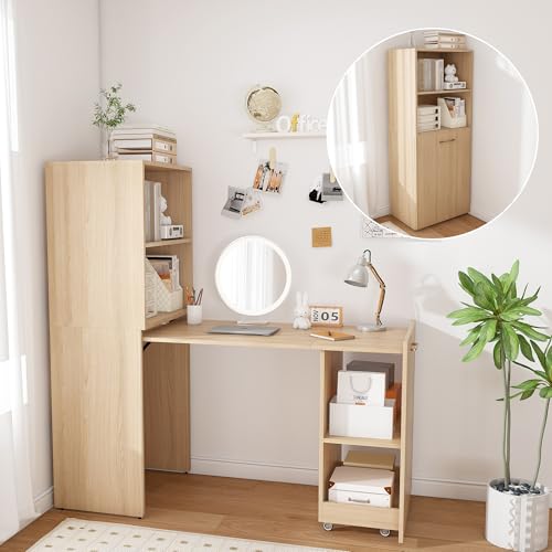 Folding Out Desk with Storage Shelves, Expandable Hidden Computer Desk, Foldable Space-Saving Pull Out Murphy Table, Writing Table with Wheels for Home Office Bedroom Small Spaces (Natural Wood.) - color: Natural Wood.
