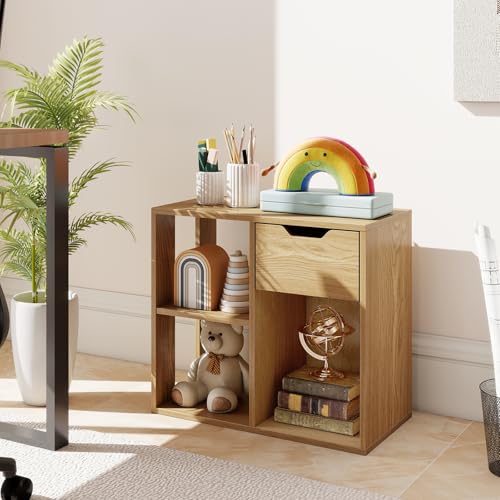 Giantex 3 Cube Bookcase with Drawer, 2 Tier Bookshelf for Small Space, Modern Freestanding Display Rack with Open Shelves, Natural Book Case, Wood Cube Storage Organizer Bedroom Living Room, 2 Pack - color: Natural