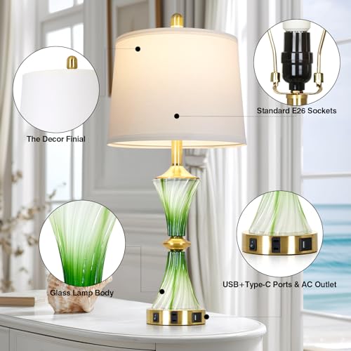 Rinweey Green Glass Table Lamp Set of 2 with USB C+A Ports & AC Outlet, Bedside Lamp, Modern Bedroom Lamps, Coastal Lamp for Night Stands Bedroom Living Room,Nightstand Lamp LED Bulbs Included - color: Green