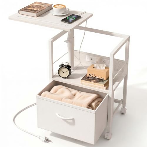 Faesun Swivel Lift Top Nightstand with Charging Station, Rolling Side Table for Recliner, Bedside Table with Wheels & a Fabric Drawer, for Small Spaces, for Bedroom, Living Room, White - color: 05 - White, size: 1 Drawer