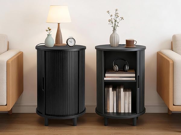DHH End Table Set of 2 with Storage & Charging Station, Fluted Accent Side Table with Sliding Door & Adjustable Shelf, Mid-Century Nightstand for Small Spaces, Living Room, Bedroom(2,Black) - color: Black