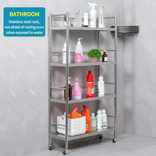 susunnus Stainless Steel Shelf,Shelves for Storage,Metal Shelf,Kitchen Garage Shelves, with Wheels,Rolling Shelves,Adjustable Height,Weight Capacity 350LB (27.6in*10.2in-4T with guardrails) - size: 27.6in*10.2in-4T