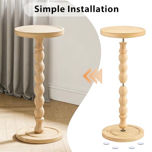 Small Round Side Table for Small Spaces | Wood Pedestal Drink Table & Narrow End Table for Living Room Couch, Modern Bedside Nightstand for Bedroom (Natural Wood) - color: Natural Wood