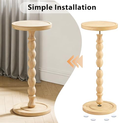 Small Round Side Table for Small Spaces | Wood Pedestal Drink Table & Narrow End Table for Living Room Couch, Modern Bedside Nightstand for Bedroom (Natural Wood) - color: Natural Wood
