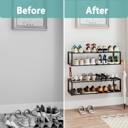 2 Pack 2-Tier Hanging Wall Mounted Shoe Rack, Space Saving Metal Expandable Shoe Rack Holds 12 Pairs, 16“-29” Adjustable Shoe Rack with 4 Hooks, Shoe Rack for Entryway Closet Door - size: 29.72" W x 11" L x 7.68" H