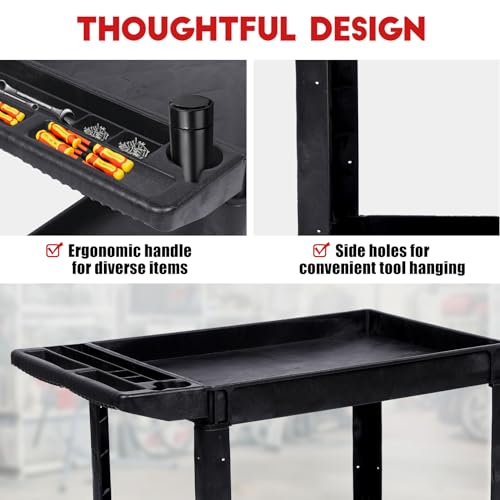 Heavy Duty Rolling Utility Cart, 2 Tier Service Cart with Wheels, Ergonomic Storage Handle, 550 LBS Capacity, Plastic Tool Cart Detailing Cart for Warehouse, Garage, Workshop,Kitchen, 40.5x17.7 in