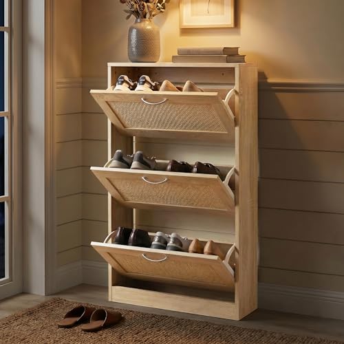 HOPUBUY Shoe Cabinet for Entryway, Narrow Shoe Storage with 3 Flip Drawers | Wood Slim Shoe Rack, 3 Tier Thin Shoe Organizer for Home and Apartment,Nature Rattan - color: Rattan Natural