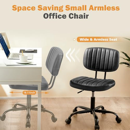 Sweetcrispy Small Office Desk Chair, Armless PU Leather with Comfy Lumbar Support, Height Adjustable Rolling Swivel Task for No Arms, for Adult, Student, Bedroom, Home, Vanity, Black - color: Dark Black