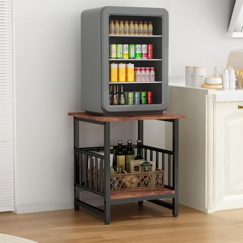 End Table, Industrial Side Table with 2-Tire Storage Shelf, 180LBS Mini Fridge Stand with Adjustable Feet, 18"x18" Wood Night Stand Small Bedside Table with Sturdy Metal Frame for Living Room Bedroom - color: Rustic Brown 1pc 18inch