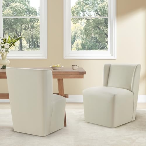 KISLOT Upholstered Dining Chairs Set of 4 with Casters, Wingback Modern Side Armless Deskchair with Rollers for Diningroom Bedroom Livingroom Reading Room, Cream Faux Leather - color: A Cream Faux Leather, size: Set of 4