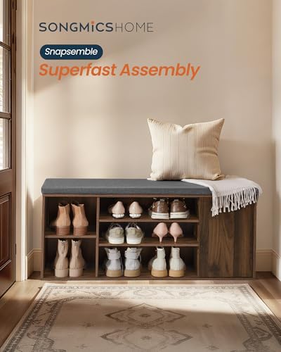 SONGMICS Home Storage Bench, Snapsemble Superfast Assembly, 41" Wide Entryway Shoe Bench with Cushion & Adjustable Shelves, Shoe Rack Cabinet, Natural Walnut and Slate Gray ULHS391KE04S - color: Natural Walnut + Slate Gray, style: 12"D x 40.9"W x 18.9"H w
