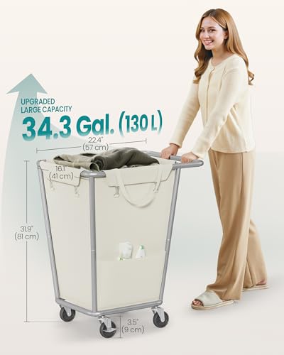 SONGMICS Laundry Basket with Wheels, 34.3 Gallons (130 L) Rolling Laundry Hamper with Removable Bag, Heavy-Duty Steel Frame, Cream White URLS008W01 - color: Cream White, size: 130 L (1-Section)
