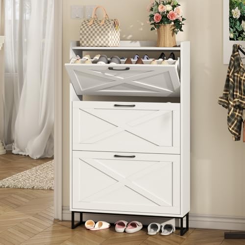 Maupvit Shoe Storage Cabinet with 3 Flip Drawers, Freestanding Organizer with Metal Legs for Entryway, Narrow Shoe Rack Cabinet, White - color: White, style: 3-Drawers
