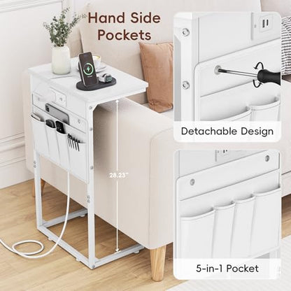 C Shaped End Table with Charging Station, 28" Tall Couch Side Table, Sofa Table Beside Table, Slide Under Sofa Arm C Table for Small Spaces, TV Tray Table for Living Room, Bedroom, White - color: White