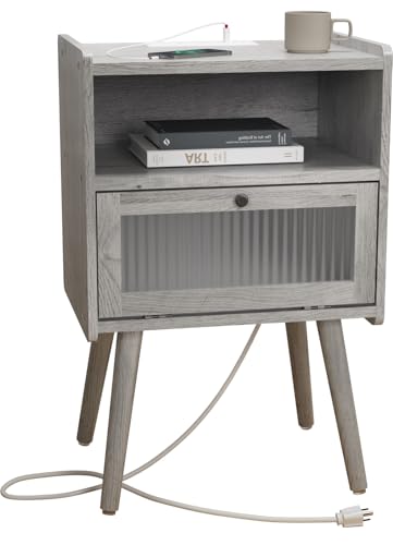 Mid Century Modern Nightstand with Charging Station, Bedside Tables with Glass Door, End Table Side Table with 2 Tiers Storage Space, for Bedroom, Living Room, Light Grey - color: Light Grey, size: Hinged Door
