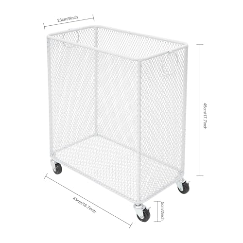 Laundry Hamper with Wheels, Rolling Laundry Basket Cart, Rectangular Metal Mesh Clothes Hamper with Metal Pull Handle for Laundry Room and Bedroom, White, 16.9" x 9" x 17.7" - color: White, size: 26.77 x 21.5 x 26in