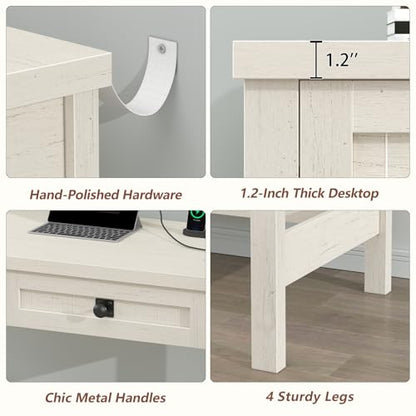 YOMILUVE Farmhouse Computer Desk with 2 Drawers, 39 Inch Small Office Computer Desk with Power Outlets, Compact Writing Study Vanity Desk for Small Spaces, White - color: White