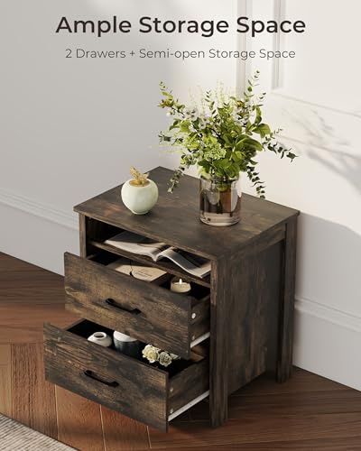 Farmhouse Nightstand, Rustic Nightstand with 2 Large Drawers, Wood End Table with Open Shelf, Bedside Table for Bedroom, Dark Brown - color: Dark Brown, size: 1 Piece