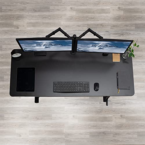 VIVO Manual Height Adjustable 60 x 24 inch Stand Up Desk, Black Solid One-Piece Table Top, Black Frame, Standing Workstation with Foldable Handle, DESK-KIT-MB6B | Manual, Holds 110 lbs, Sit Stand, Height Adjustable, Solid One-Piece Table Top, Home Office,
