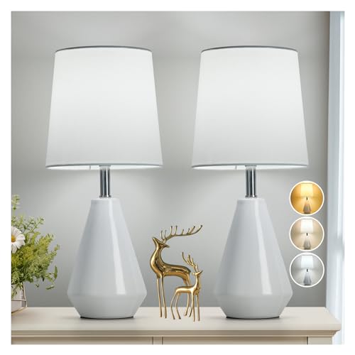 Small Bedside Table Lamp for Bedroom-Reading Desk Lamp Set of 2,with 3 Color Temperatures,15.5" Nightstand Ceramic Lamp with Fabric Shade for Kids Room,Living Room,Dorm,Home Office(White) - color: White-2, size: 15.5"
