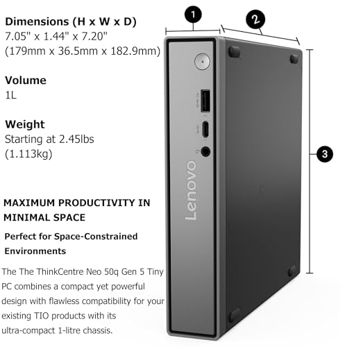 Lenovo ThinkCentre neo 50q Gen 5 tiny desktop, Intel Core i5-13420H, 8GB DDR5 RAM, 256GB PCIe SSD, Wi-Fi 6, Windows 11 Pro, Black
