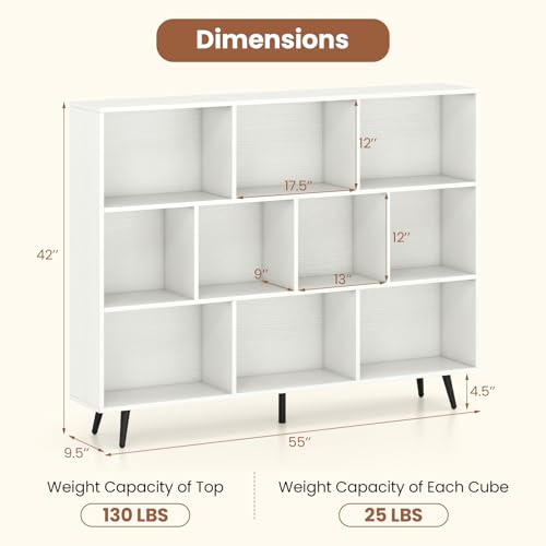 Giantex 10-Cube Bookcase, 3-Tier Modern Bookshelf with 5 Metal Legs, 55" Freestanding Open Storage Organizer with 2 Anti-tip Devices, Mid-Century Display Rack for Living Room (55" x 9.5" x 42") - size: 55" x 9.5" x 42"