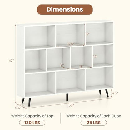 Giantex 10-Cube Bookcase, 3-Tier Modern Bookshelf with 5 Metal Legs, 55" Freestanding Open Storage Organizer with 2 Anti-tip Devices, Mid-Century Display Rack for Living Room (55" x 9.5" x 42") - size: 55" x 9.5" x 42"