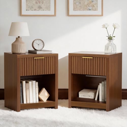 Fluted Nightstands Set of 2, Wooden Night Stand with Drawer Storage, Modern Mid Century End Table,for Bedroom Living Room Sofa Couch Home Office,Walnut
