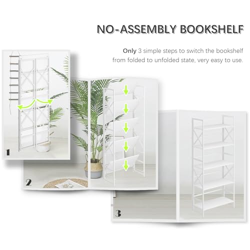 4NM 5 Tiers No Assembly Book Shelves, 51.2" H Folding Bookshelf Bookcase Open Industrial Foldable Shelves for Bedroom, Living Room, Home Office - All White - color: All White, size: XX 5-Tier