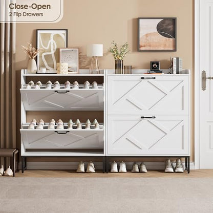 Nicetree Shoe Storage Cabinet with 2 Flip Drawers, Freestanding Shoe Organizer, Shoe Cabinet with Metal Legs, Narrow Shoe Rack Cabinet, Farmhouse Slim Shoe Cabinet for Entryway, Foyer, Hallway, White - color: White
