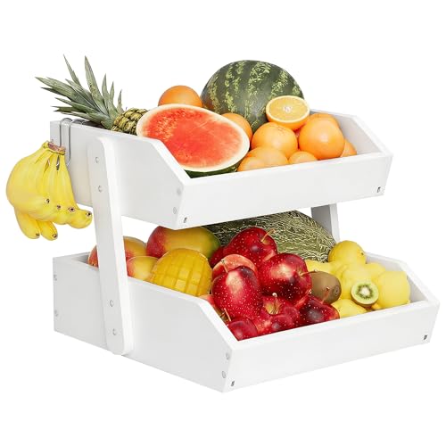 Hellojin Bamboo 2 Tier Fruit Basket For Counter, Large Capacity Fruit Storage Countertop, Fruit Holder, Wooden Pantry Organizers and Storage, Kitchen Countertop Organizer With 2 Banana Hangers (White) - color: White-2 tier