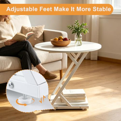 20In Round Side Table, 2-Tier White End Table with Z-Shaped Metal Frame, Small Round Accent Table with Storage Shelf, Modern Sofa Side Table Nightstand for Living Room, Bedroom, Small Spaces - color: White-z