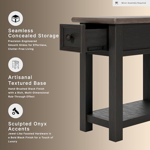 Signature Design by Ashley Narrow Chairside End Table with Charging Station | Smooth-gliding remote drawer, Lower display shelf, Rustic 2-tone finish, Tyler Creek Series - color: Black