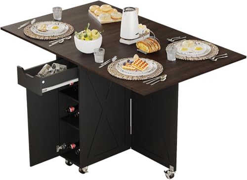 Folding Dining Table with 6 Wheels, Drop Leaf Tables for Small Spaces, Foldable Dining Table with 2-Layer Storage Rack, Kitchen Table with Drawer (Brown Wood and Black) - color: Dark Brown
