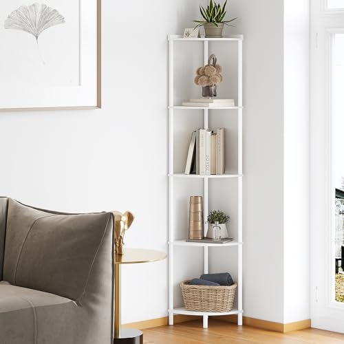 SUNMORY 5 Tier Corner Shelf Stand, Industrial 65" Corner Shelves Display Shelf for Living Room Decor, Wall Corner Bookshelf Multi Unit Organizer, Tall Shelf Plant Stand for Bedroom, Bathroom, White - color: White