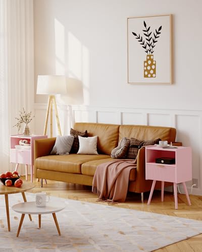 JOONEE Nightstand with Oultlet,Modern Bedside Table with Storage Drawer and Open Wood Shelf, for Living Room, Bedroom and Small Spaces, Accent Night Stand with Solid Wood Legs, Easy Assembly,Pink - color: Pink-outlet