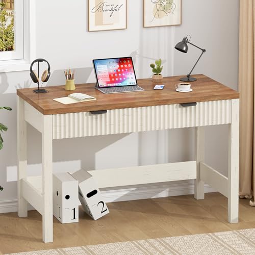 39 Inch Small Fluted Computer Desk with 2 Drawers for Bedroom, Home Office | Small Computer Desk with Storage, Compact Writing Study Desk for Small Spaces, Brown & White - color: Antique White, size: 39-Inch Desk