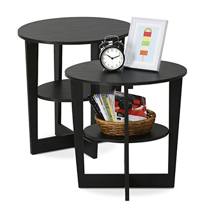 Furinno JAYA Side Table Set of 2, 2-Tier Round Modern End Table with Oval Tabletop, Night Stand, Bedside Table with Open Shelf, for Living Room, Bedroom, Walnut - color: Walnut, size: 2-Pack, 2 Tiers, Oval Panel