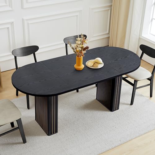 70.8 Inch Kitchen Dining Table for 4-6 People, Oval Kitchen Table with Wood Strip Base, Modern Farmhouse Large Round Dining Room Tables for Home Living Room (Black) - color: Black, size: 70" Oval