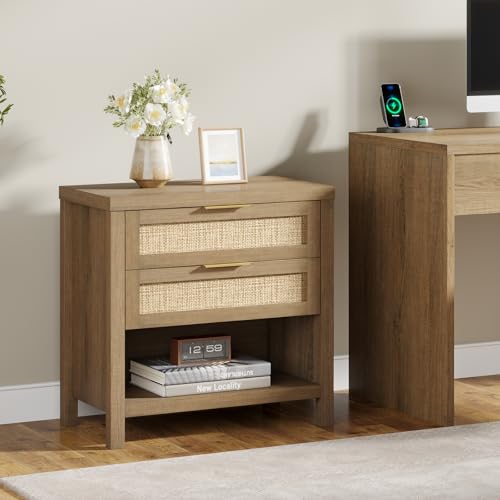 Eclatara Rattan Nightstands Set of 2, Farmhouse Bedside Table with 2 Drawers and Storage Shelf, Rattan Boho Accent Night Stands for Bedroom Large Space Sofa (2, Reclaimed Caramel Oak) - color: Caramel Oak (Large 2 Drawer)