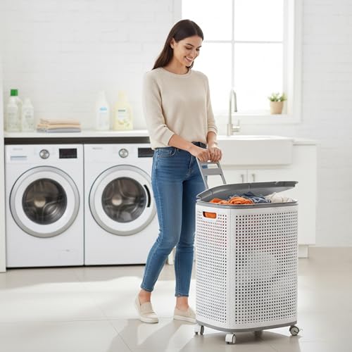 Sufdari 90L Laundry Basket with Wheels, Rolling Laundry Hamper with Lid and Handles, Plastic Rattan Clothes Organizer, Dirty Clothes Basket for Laundry Room, Bedroom, Dormitory Storage