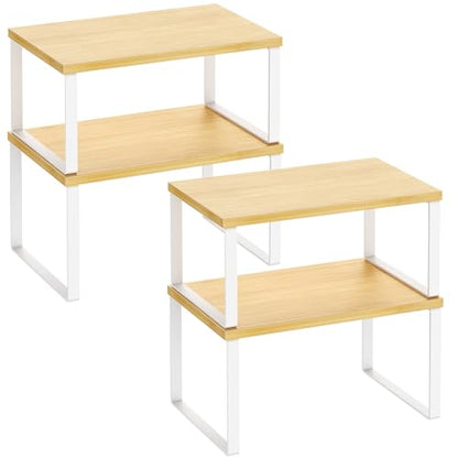 Kitchen Cabinet Organizer Shelf Set of 4, Sturdy Kitchen Counter Shelves with Metal Legs, Stackable Expandable Wood Spice Rack Pantry Cupboard Dish Mug Cup Storage Organizer Shelf,White+Bamboo - color: White+Bamboo