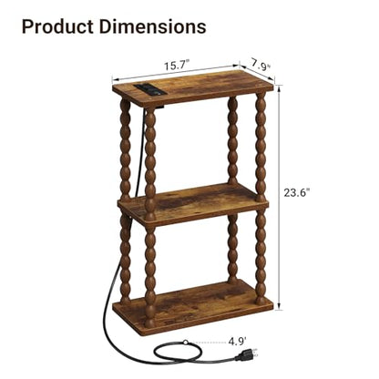 ELYKEN Narrow Side Table with Charging Station, 3-Tier Skinny Bedside Table | Small End Tables Living Room with USB Port and Outlet, Nightstands with Storage Shelf for Bedroom - color: Rustic Brown