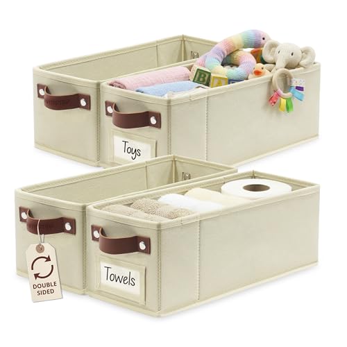 DECOMOMO Narrow Storage Bins, Small Basket with Handles (Beige, 4 Pack) | 15 x 5.9 x 5.5 inches Storage Basket, Fabric Storage Bins with Labels - color: Beige, size: Narrow / 4pcs