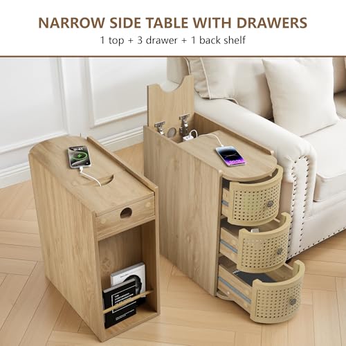 Narrow End Table with 3 Drawer, Metal Rattan Side Table with Storage, Narrow Charging Nightstand for Bedroom Bedside, Living Room Couch Sofa, Office, Desk Side Table for Small Spaces - Natural - size: Drawer Natural-1pcs