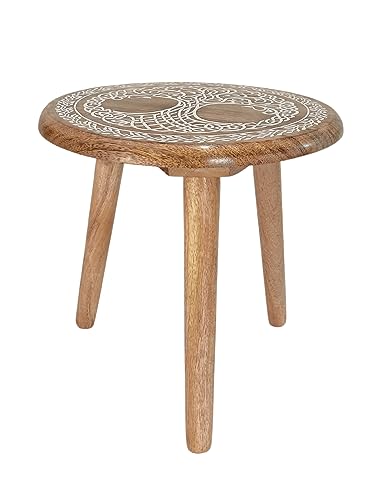 VANIYA CRAFTS® Wooden Engraved Fold-able Side Table/End Table/Plant Stand/Stool for Living Room Bedroom Restaurant Kids Play Furniture Table Round Shape (Natural White 4) - color: Natural White 4