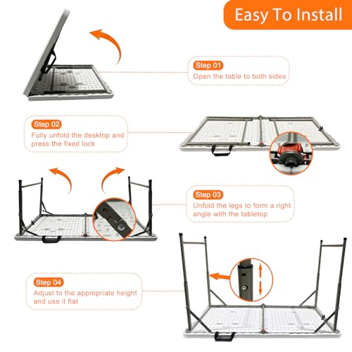 Lakhow Folding Table 4 Foot Portable Heavy Duty Plastic Fold-in-Half Utility Table with Carrying Handle,Indoor Outdoor Small Adjustable Height Folding,Camping and Party,White - color: 48 Inches White