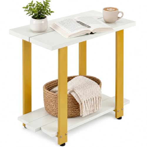 Transitional Narrow End Table, 2-Tier Rustic Side Table with Storage Shelves, Modern Farmhouse Industrial Nightstand for Living Room, Bedroom, Small Spaces, Couch, White/Gold - color: White+gold