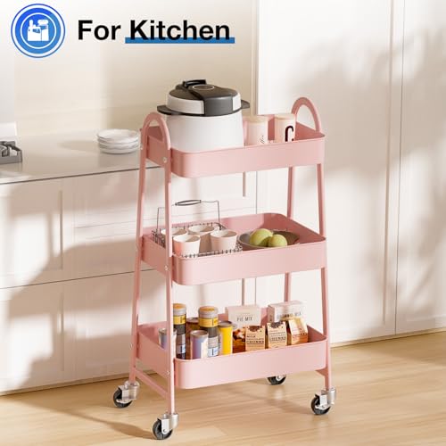 DUMOS 3 Tiers Metal Rolling Utility Cart with Lockable Wheels, Mobile Storage Organizer, Utility Shelving Unit for Kitchen, Office, Bathroom, Laundry, Narrow Places, Pink - color: 3 Tiers Pink