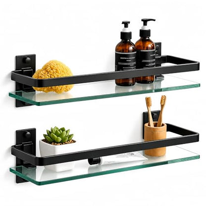 Bathroom Glass Shelf 15.7" Black Wall-Mounted, Floating Metal Storage Rack | 2 Pack Aluminum Tempered Glass 0.3in Extra Thick Rectangular，Space-Saving Design - color: Black 2 Pack
